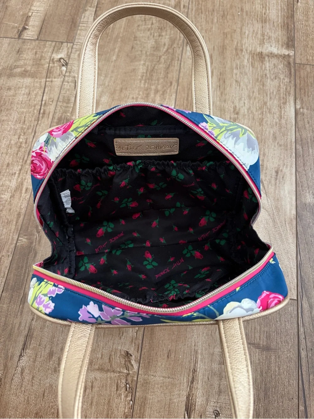 Betsey Johnson Floral Navy Cosmetic Bag with Pink Rose Print